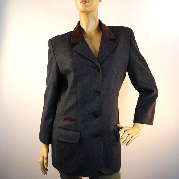 Brooks Brothers Women Jacket Sz 10 Gray Worsted Wool USA Made Brown Velvet Trim - Picture 2 of 9